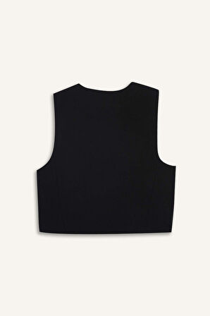 Crop V Yaka Keten Karışımlı Blazer Yelek