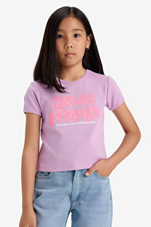 Kız Çocuk Fitted Bisiklet Yaka Basic Düz Ribana Kısa Kollu Tişört