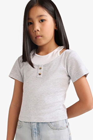 DeFacto Kız Çocuk Cropped Fit Bisiklet Yaka Ribana Kısa Kollu Tişört E1830A825SMGR421