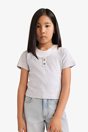 DeFacto Kız Çocuk Cropped Fit Bisiklet Yaka Ribana Kısa Kollu Tişört E1830A825SMGR421