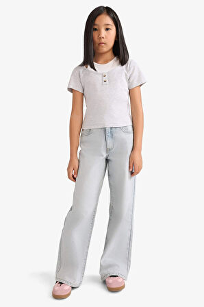 Kız Çocuk Cropped Fit Bisiklet Yaka Anime Baskılı Ribana Kısa Kollu Tişört