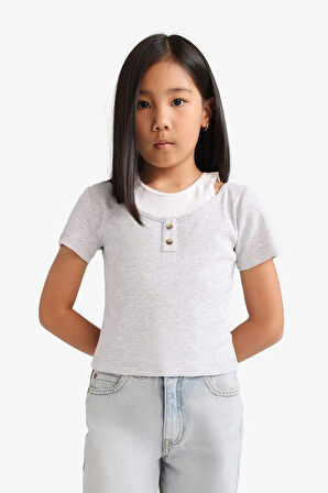 Kız Çocuk Cropped Fit Bisiklet Yaka Anime Baskılı Ribana Kısa Kollu Tişört