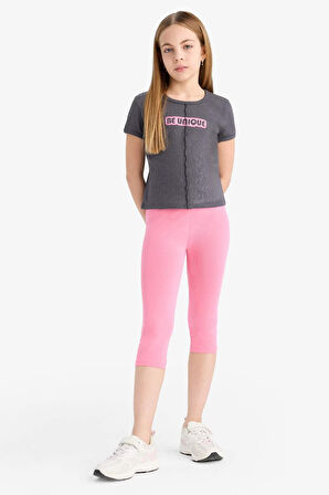 DeFacto Kız Çocuk Fitted Bisiklet Yaka Baskılı Fitilli Kaşkorse Kısa Kollu Tişört E1832A825SMAR82