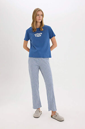 DeFacto Pijama Takımı Baskılı Kısa Kollu Üst Çizgili Uzun Altı-Fall in Love E4855AX25SPIN33