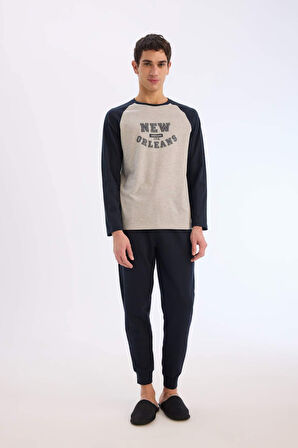 Regular Fit Pijama Takımı Baskılı Uzun Kollu Üst Uzun Alt