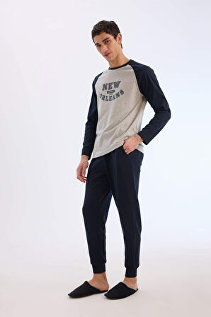 Regular Fit Pijama Takımı Baskılı Uzun Kollu Üst Uzun Alt