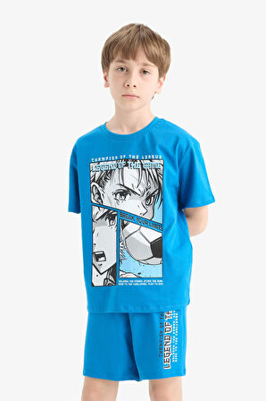 DeFacto Erkek Çocuk Pijama Takımı Baskılı Kısa Kollu Üst Beli Lastikli Şort E2695A825HSBE381