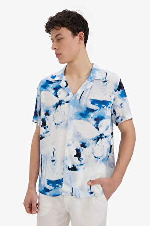 DeFacto Modern Fit Polo Yaka Desenli Keten Görünümlü Yazlık Kısa Kollu Gömlek E1206AX25SMIN147