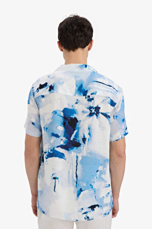 DeFacto Modern Fit Polo Yaka Desenli Keten Görünümlü Yazlık Kısa Kollu Gömlek E1206AX25SMIN147