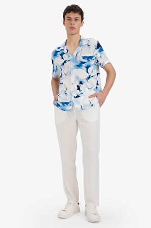 DeFacto Modern Fit Polo Yaka Desenli Keten Görünümlü Yazlık Kısa Kollu Gömlek E1206AX25SMIN147