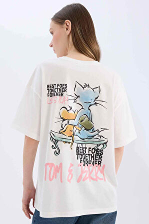 Coool Tom & Jerry Oversize Geniş Kalıp Bisiklet Yaka Baskılı Kısa Kollu Tişört