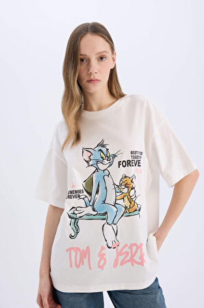 Coool Tom & Jerry Oversize Geniş Kalıp Bisiklet Yaka Baskılı Kısa Kollu Tişört