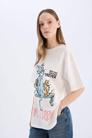 Coool Tom & Jerry Oversize Geniş Kalıp Bisiklet Yaka Baskılı Kısa Kollu Tişört