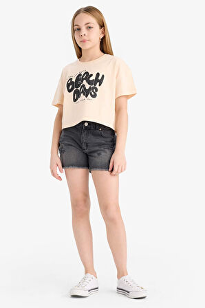 DeFacto Kız Çocuk Bisiklet Yaka Baskılı Kısa Kollu Tişört E0384A825SMOG96