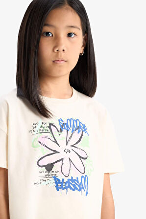 DeFacto Kız Çocuk Bisiklet Yaka Baskılı Kısa Kollu Tişört E0384A825SMER233