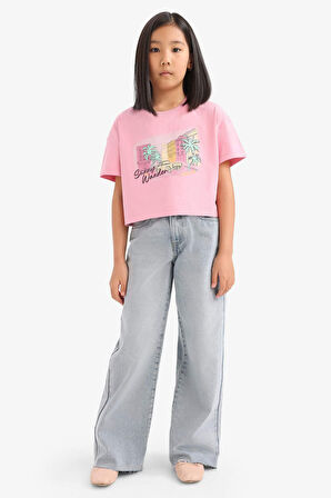 DeFacto Kız Çocuk Bisiklet Yaka Baskılı Kısa Kollu Tişört E0384A825SMPN666
