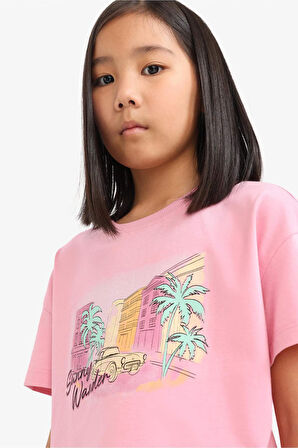 DeFacto Kız Çocuk Bisiklet Yaka Baskılı Kısa Kollu Tişört E0384A825SMPN666