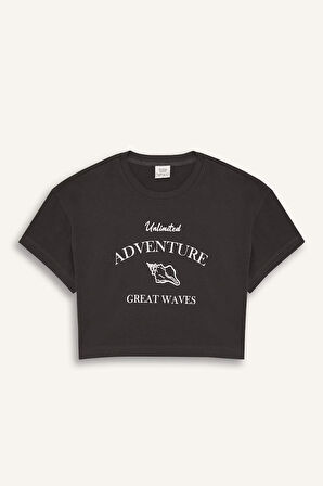 DeFacto Kız Çocuk Crop Bisiklet Yaka Baskılı Kısa Kollu Tişört E0385A825SMAR211