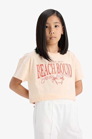 DeFacto Kız Çocuk Crop Bisiklet Yaka Baskılı Kısa Kollu Tişört E0385A825SMOG96