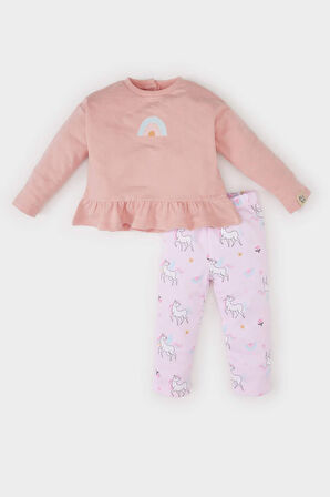 Kız Bebek 2'li Takım Bisiklet Yaka Sweatshirt Unicorn Baskılı Beli Lastikli Alt