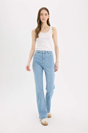 Slim Flare Yüksek Bel Düz Paça Uzun Jean Kar Yıkamalı Pantolon