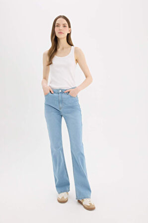 Slim Flare Yüksek Bel Düz Paça Uzun Jean Kar Yıkamalı Pantolon