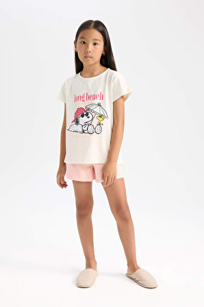 DeFacto Kız Çocuk Snoopy Pijama Takımı Kısa Kollu Üst Beli Lastikli Kısa Şort D9831A824WNER99