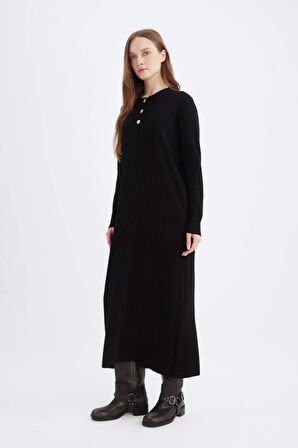 DeFacto Regular Fit Polo Yaka Basic Düz Maxi Triko Elbise D5434AX24WNBK81