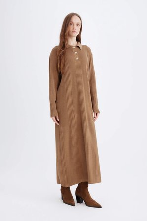 DeFacto Polo Yaka Basıc Maxi Triko Elbise D5434AX24WNBG632