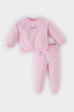 DeFacto Kız Bebek 2'li Takım Bisiklet Yaka Çiçek Baskılı Sweatshirt Beli Lastikli Eşofman Altı C2504A525SPPN441