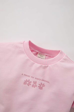 DeFacto Kız Bebek 2'li Takım Bisiklet Yaka Çiçek Baskılı Sweatshirt Beli Lastikli Eşofman Altı C2504A525SPPN441