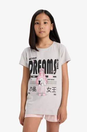 DeFacto Kız Çocuk Pijama Takımı Baskılı Kısa Kollu Üst Desenli Şort E0545A825HSGR293