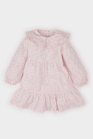 Kız Bebek Büyük Yaka Çiçekli Uzun Kollu Twill Elbise