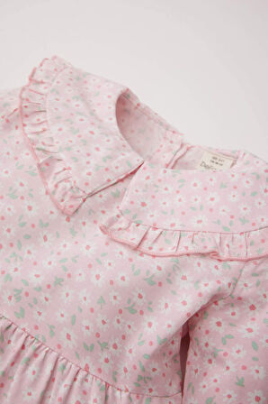 Kız Bebek Büyük Yaka Çiçekli Uzun Kollu Twill Elbise