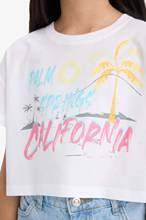 DeFacto Kız Çocuk Crop Bisiklet Yaka Baskılı Kısa Kollu Tişört E0388A825SMWT34