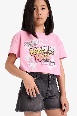 DeFacto Kız Çocuk Crop Bisiklet Yaka Baskılı Kısa Kollu Tişört E0388A825SMPN666