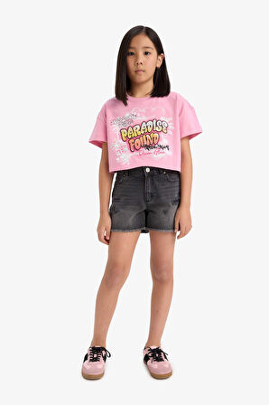 DeFacto Kız Çocuk Crop Bisiklet Yaka Baskılı Kısa Kollu Tişört E0388A825SMPN666