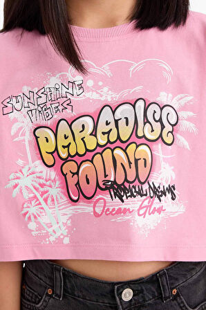 DeFacto Kız Çocuk Crop Bisiklet Yaka Baskılı Kısa Kollu Tişört E0388A825SMPN666