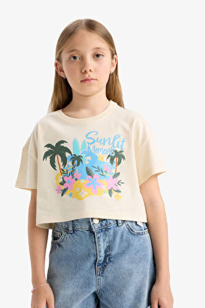 DeFacto Kız Çocuk Crop Bisiklet Yaka Baskılı Kısa Kollu Tişört E0388A825SMER233