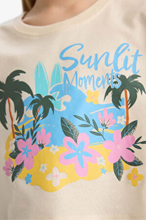 DeFacto Kız Çocuk Crop Bisiklet Yaka Baskılı Kısa Kollu Tişört E0388A825SMER233