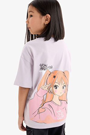 DeFacto Kız Çocuk Oversize Geniş Kalıp Bisiklet Yaka Sırt Baskılı Kısa Kollu Tişört E0357A825SMPR306