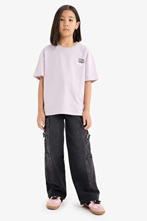 DeFacto Kız Çocuk Oversize Geniş Kalıp Bisiklet Yaka Sırt Baskılı Kısa Kollu Tişört E0357A825SMPR306