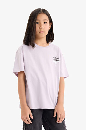 DeFacto Kız Çocuk Oversize Geniş Kalıp Bisiklet Yaka Sırt Baskılı Kısa Kollu Tişört E0357A825SMPR306