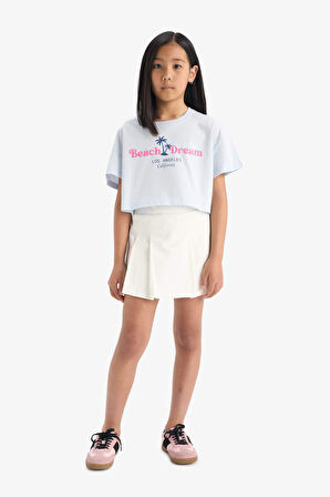 DeFacto Kız Çocuk Crop Bisiklet Yaka Baskılı Kısa Kollu Tişört E0385A825SMBE823