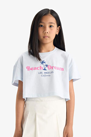 DeFacto Kız Çocuk Crop Bisiklet Yaka Baskılı Kısa Kollu Tişört E0385A825SMBE823