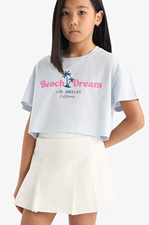 DeFacto Kız Çocuk Crop Bisiklet Yaka Baskılı Kısa Kollu Tişört E0385A825SMBE823