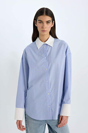 DeFacto Oversize Geniş Kalıp Çizgili Poplin Uzun Kollu Gömlek D9060AX24WNBE503