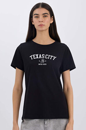 Regular Fit Bisiklet Yaka Baskılı Penye Kısa Kollu Tişört