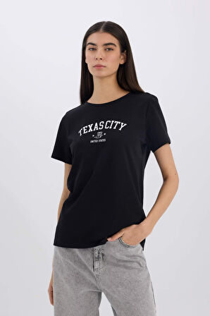 Regular Fit Bisiklet Yaka Baskılı Penye Kısa Kollu Tişört