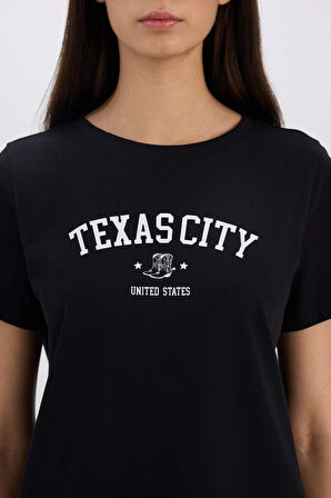 Regular Fit Bisiklet Yaka Baskılı Penye Kısa Kollu Tişört